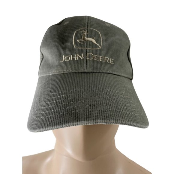 Vtg K-Products Brand John Deere Gray Corduroy Strapback Hat Zip Pocket & Magnet - Picture 1 of 8